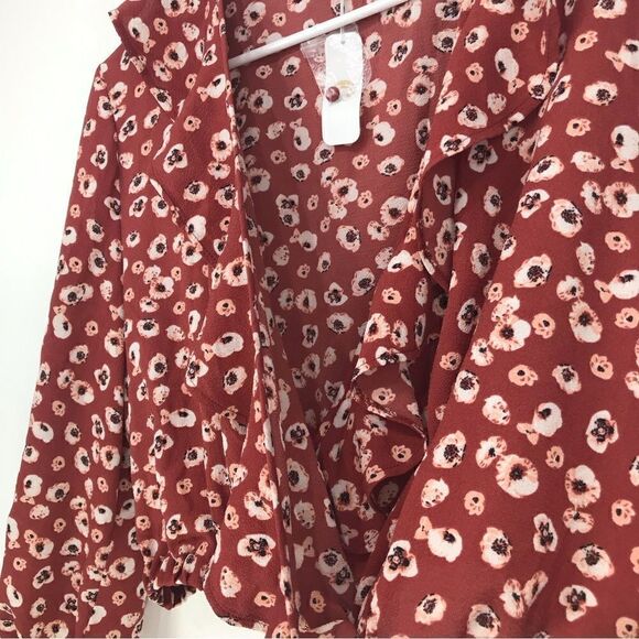 Charming Charlie Burnt Orange Ruffled Wrap Front Autumn Crop Blouse NEW - Picture 6 of 14
